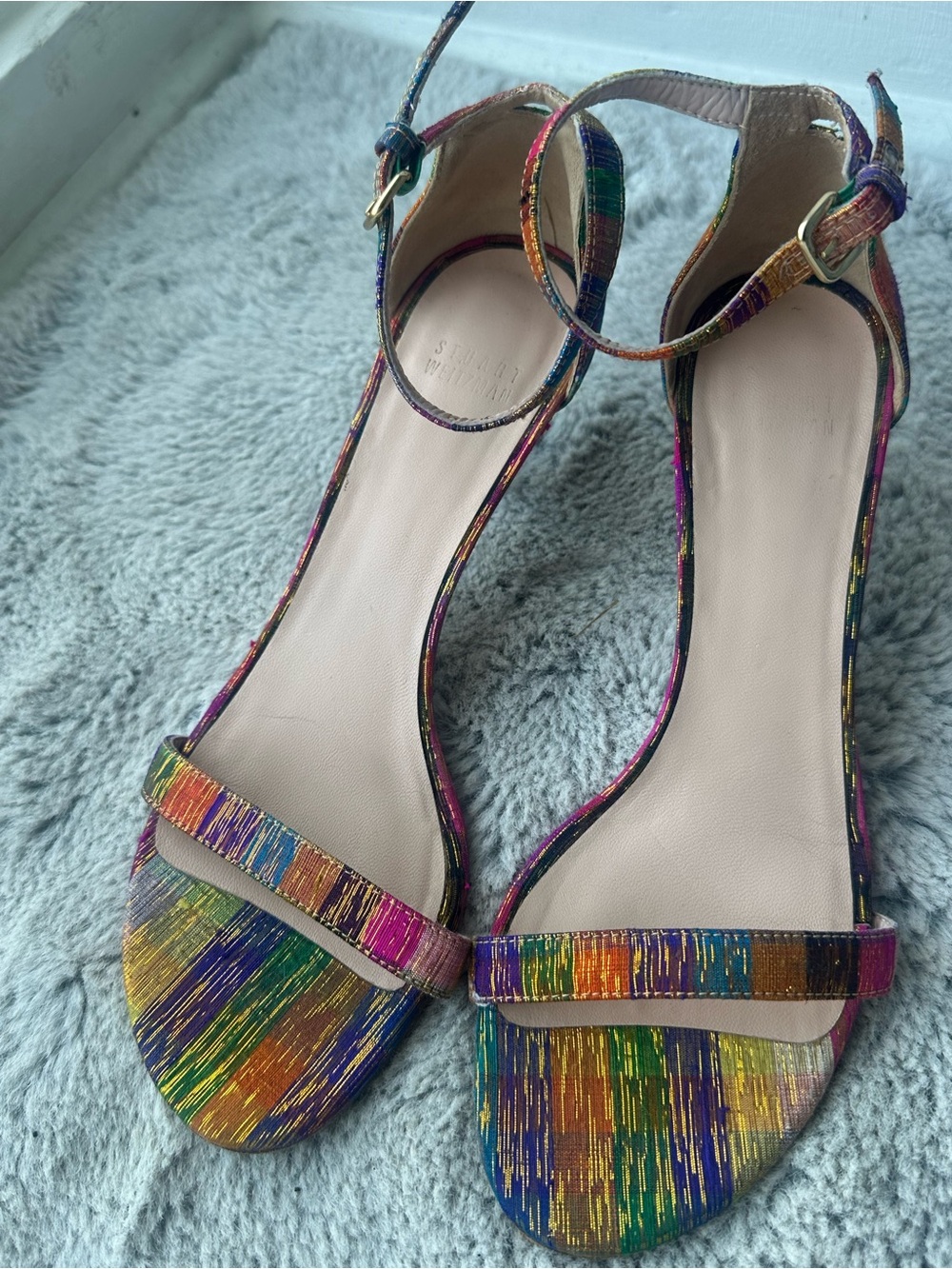 Stuart Weitzman Rainbow Metallic Ankle Strap Heels